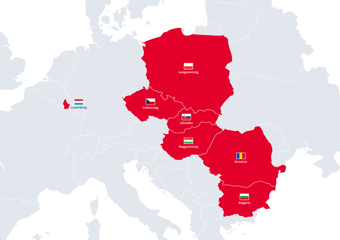 Európa térképe piros és fehér országokkal/régiókkal, amely a Colonnade fióktelepeket jelzi