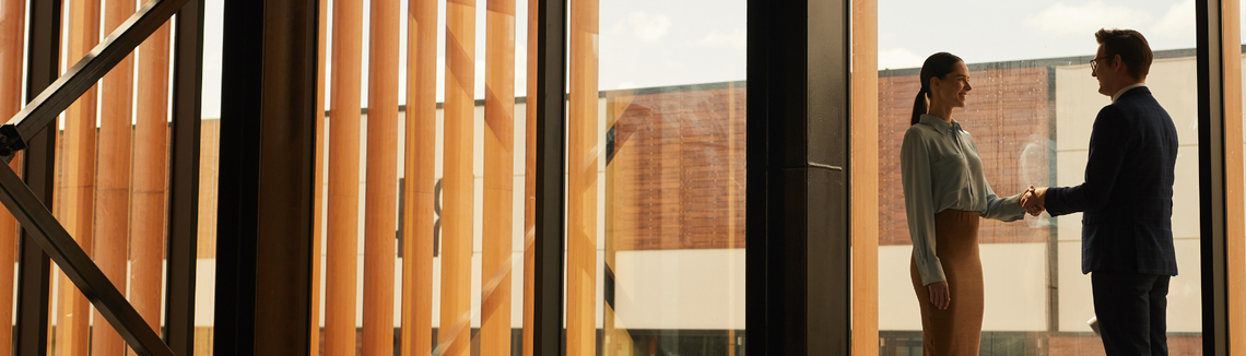 Egy nő kezet fog egy férfival 