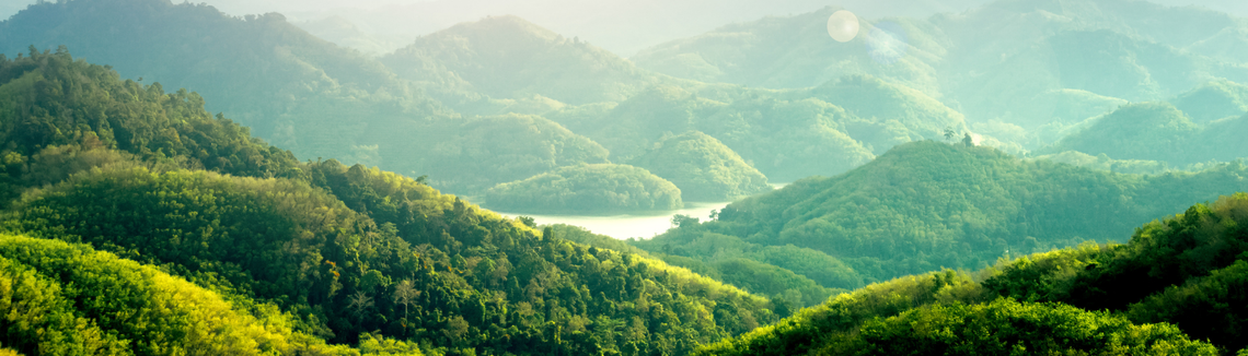 Zöld dombok fákkal és egy folyóval
