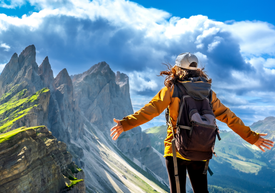 Egy nő áll egy hegyen kinyújtott karral.