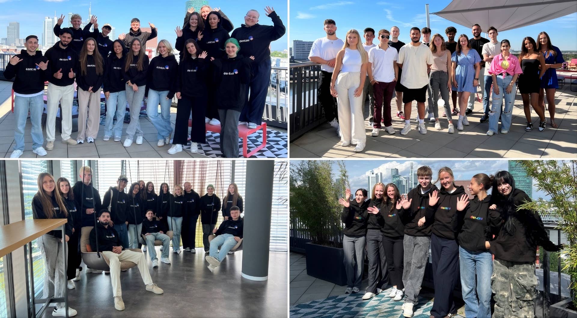 Bildcollage mit mehreren Gruppenfotos von Mitarbeitenden auf Dachterrasse und im Büro, teils winkend, vor Stadtkulisse.