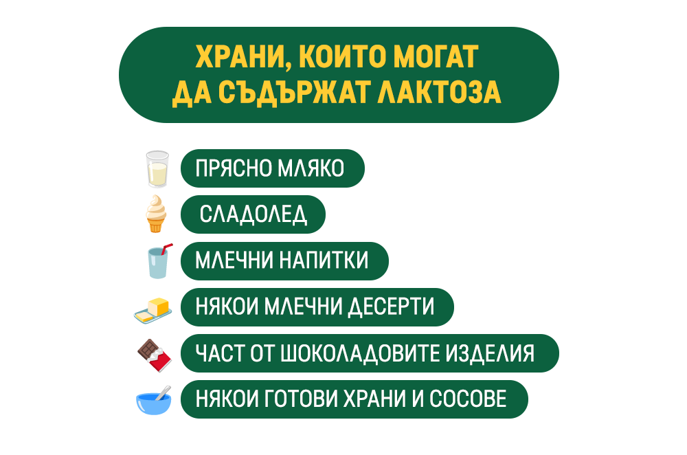 ХРАНИ, КОИТО МОГАТ ДА СЪДЪРЖАТ ЛАКТОЗА

ПРЯСНО МЛЯКО
СЛАДОЛЕД
МЛЕЧНИ НАПИТКИ
НЯКОИ МЛЕЧНИ ДЕСЕРТИ
ЧАСТ ОТ ШОКОЛАДОВИТЕ ИЗДЕЛИЯ
НЯКОИ ГОТОВИ ХРАНИ И СОСОВЕ