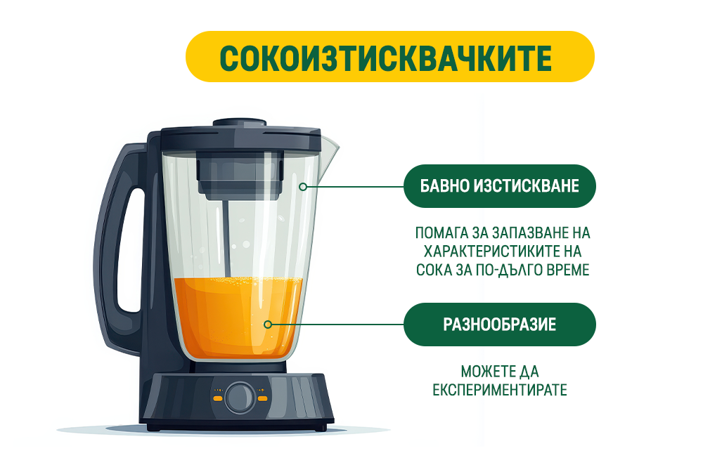 СОКОИЗТИСКВАЧКИТЕ

БАВНО ИЗСТИСКВАНЕ
ПОМАГА ЗА ЗАПАЗВАНЕ НА ХАРАКТЕРИСТИКИТЕ НА СОКА ЗА ПО-ДЪЛГО ВРЕМЕ

РАЗНООБРАЗИЕ
МОЖЕТЕ ДА ЕКСПЕРИМЕНТИРАТЕ