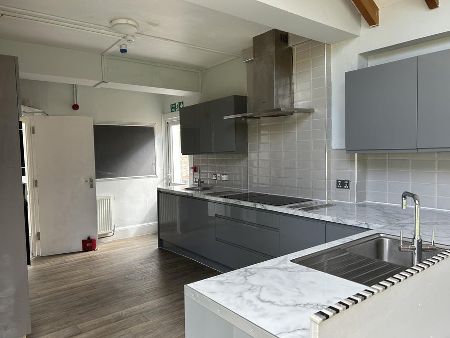 The kitchen inside the former learning disability care home, Dane End House, in Westgate-on-Sea, Kent.