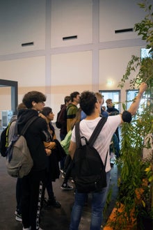 Flomart: un alunno del gruppo tocca le foglie di un arbusto in esposizione