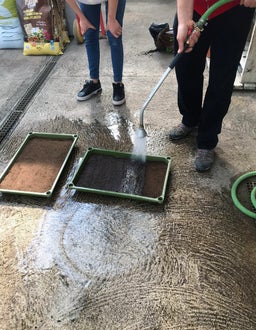 Classe I - attività in serra Laimburg, operazione di semina: bagnatura, usando la lancia, dei plateaux di semina appena preparati e disposti a terra