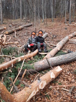 Corso motosega 2022 - una piccola pausa fra i tronchi abbattuti per due alunni 