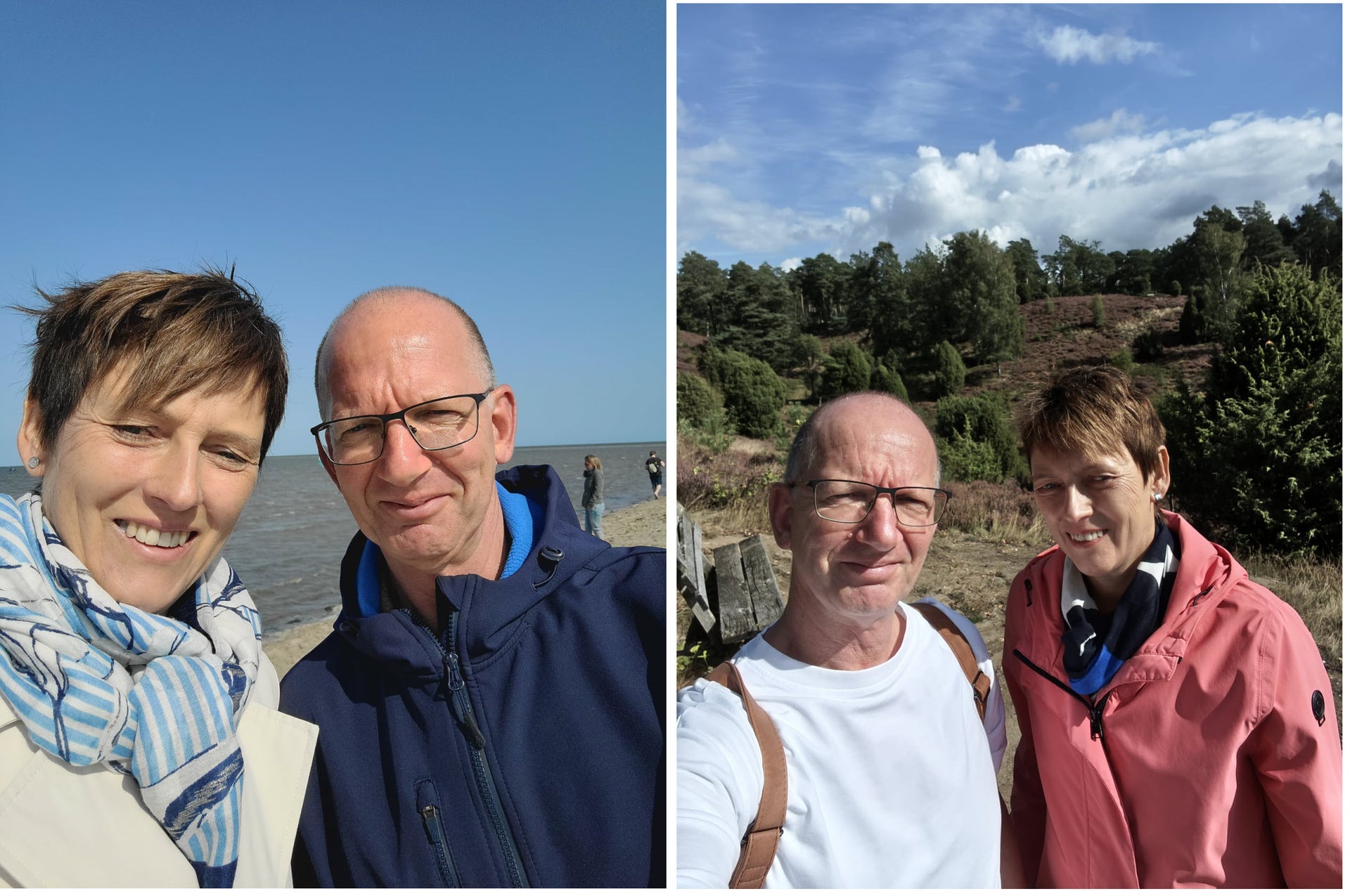 Patientin Beatrix mit ihrem Patner, links am Meer und rechts beim wandern im Wald
