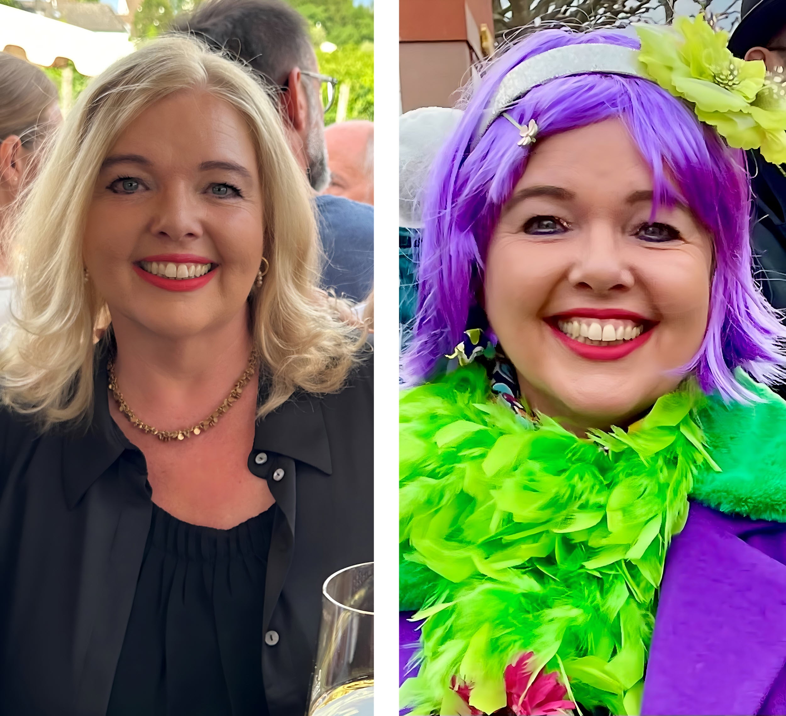 Eine Collage aus zwei Portraitbildern. Links lächelt eine blonde Frau, die in einer Menschenmenge steht in die Kamera. Rechts lächelt dieselbe Frau verkleidet mit einer Perücke und Federboa. 