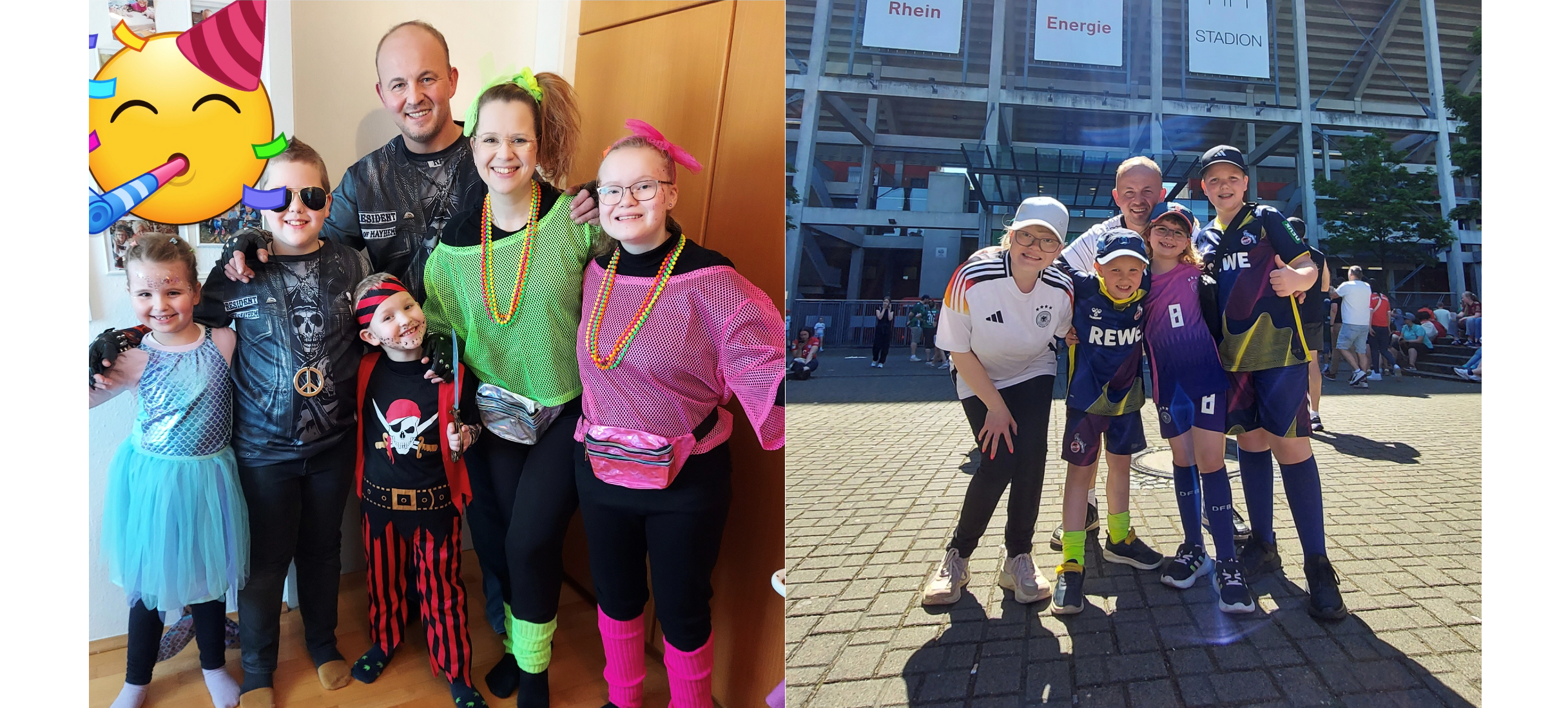 Guido und seine Familie mit 4 Kindern posieren für zwei Fotos. Links in Kostümen und rechts vor einem Stadion.