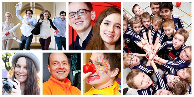 Eine Collage von Menschen, die für die Kamera posieren