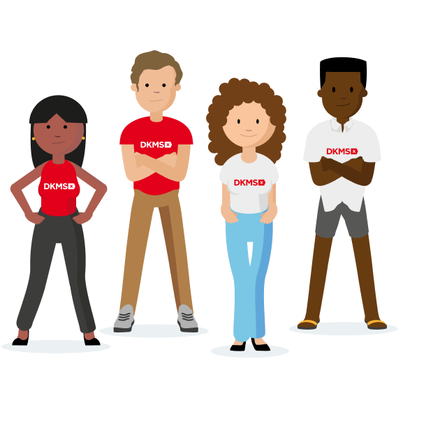 Illustration von 4 Menschen verschiedener Herkunft, alle tragen ein DKMS T-Shirt