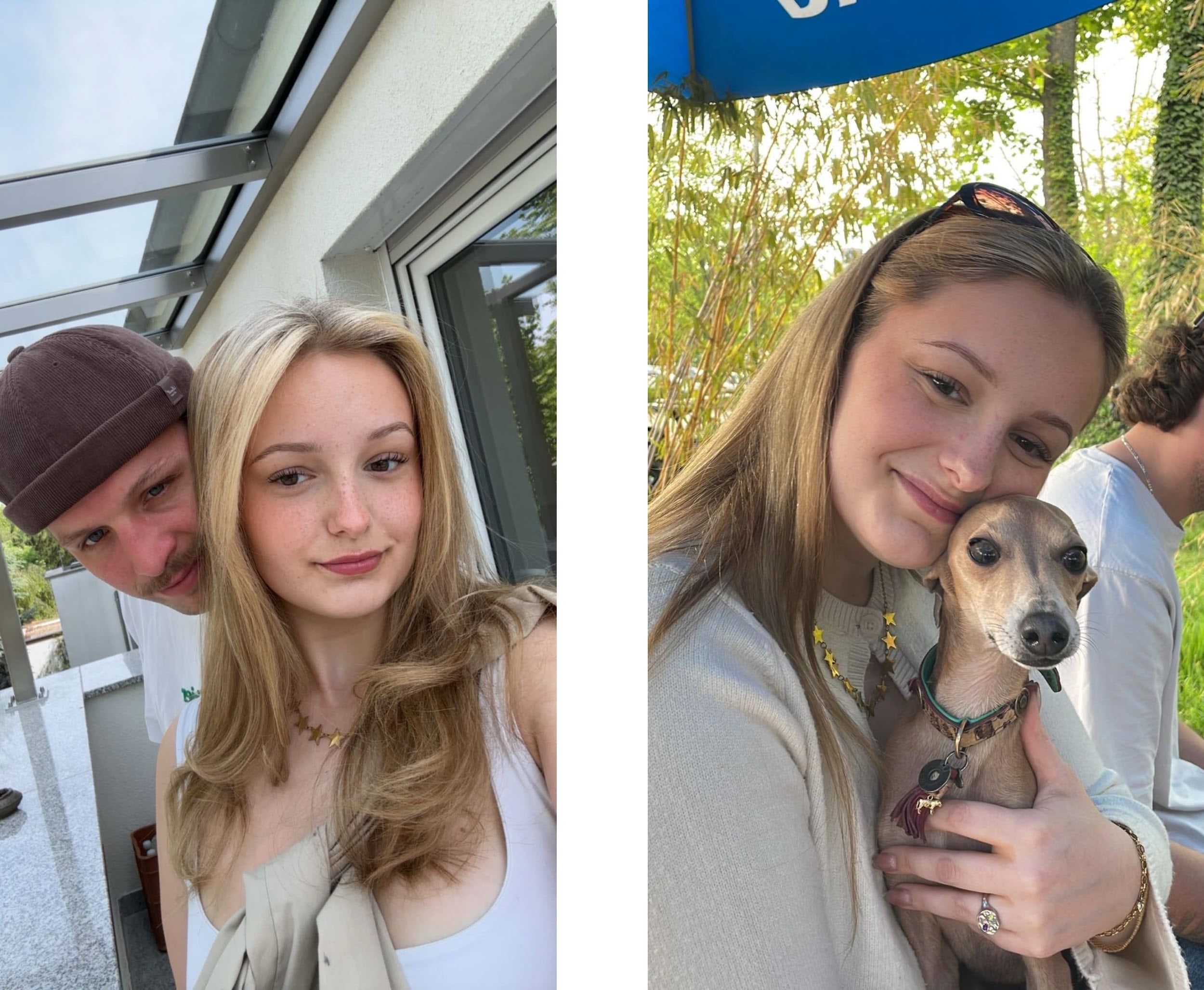 Eine Collage bestehend aus zwei Bildern. Links ist Patientin Johanna mit einem Angehörigen und rechts mit Hund Kalle im Arm zu sehen. 