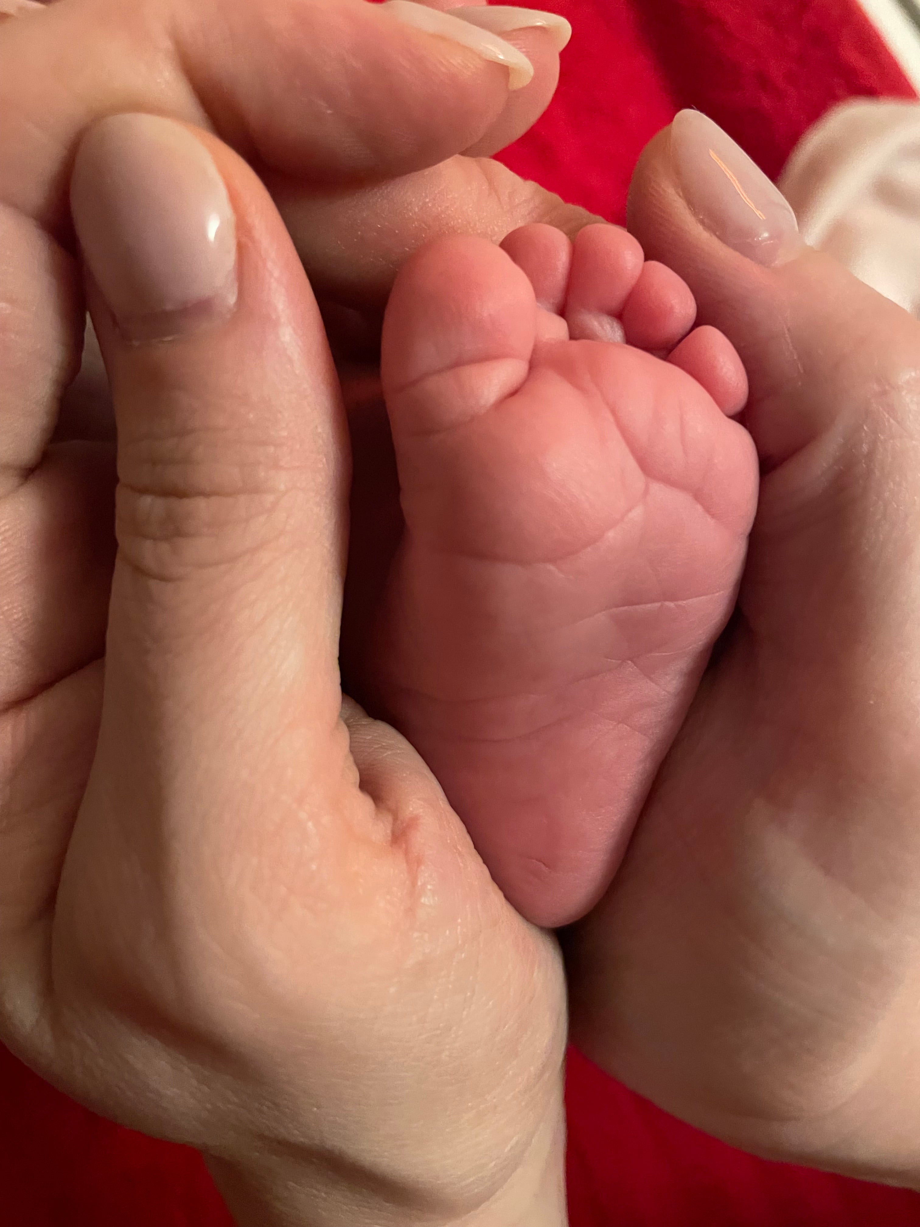 Der Fuß eines Babys in der Hand der Mutter