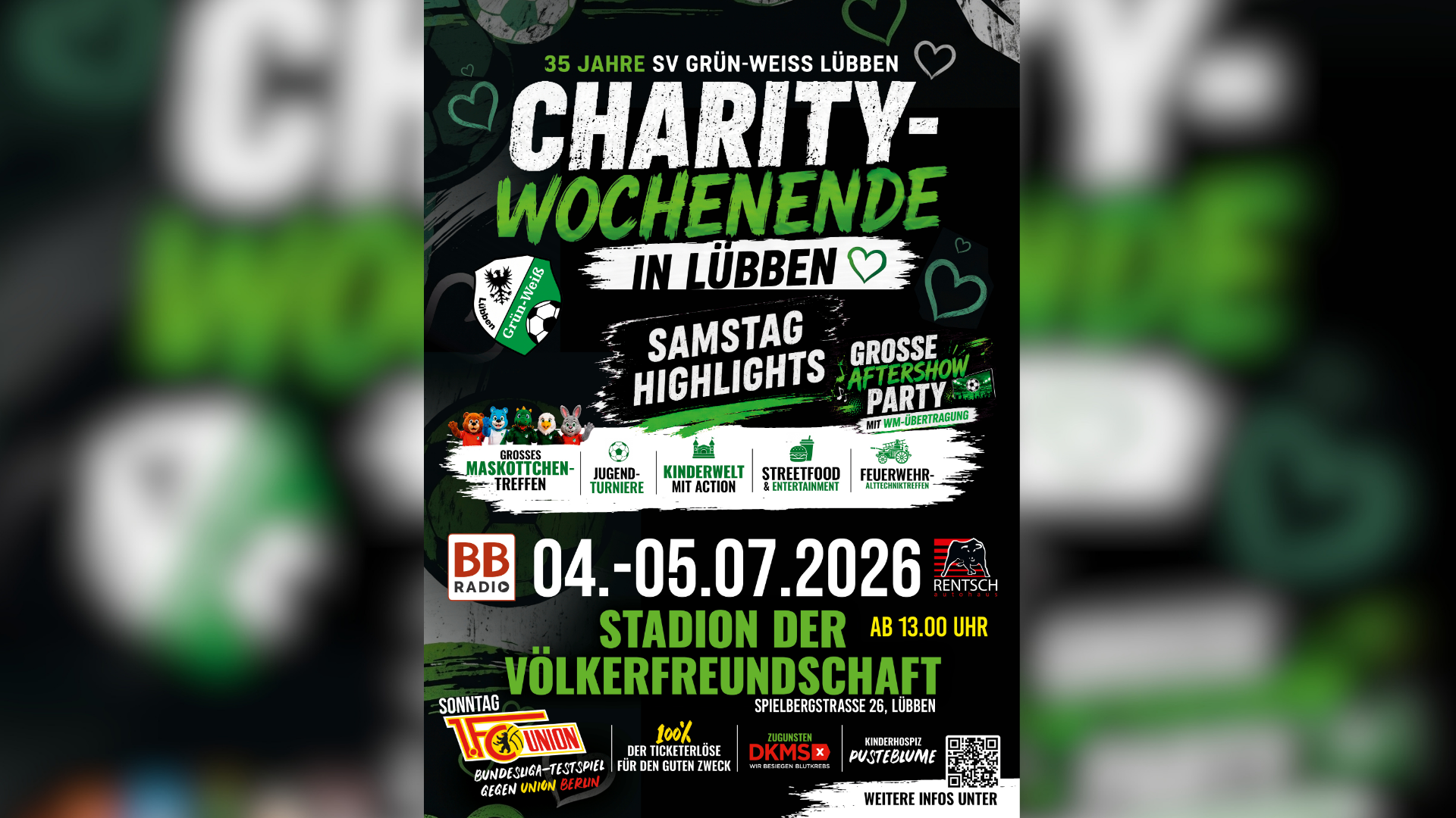 Werbeplakat für das Benefizspiel SV Grün-Weiß Lübben gegen 1. FC Union Berlin. 