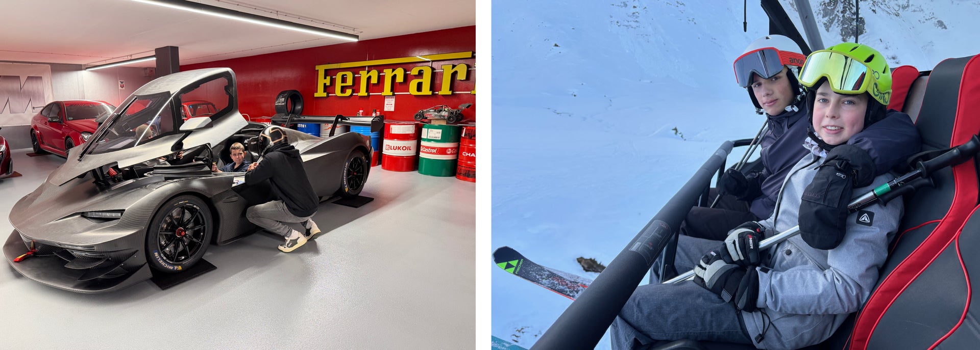 Collage von Patient Max links im Rennauto und rechts im Skilift mit seinem Bruder