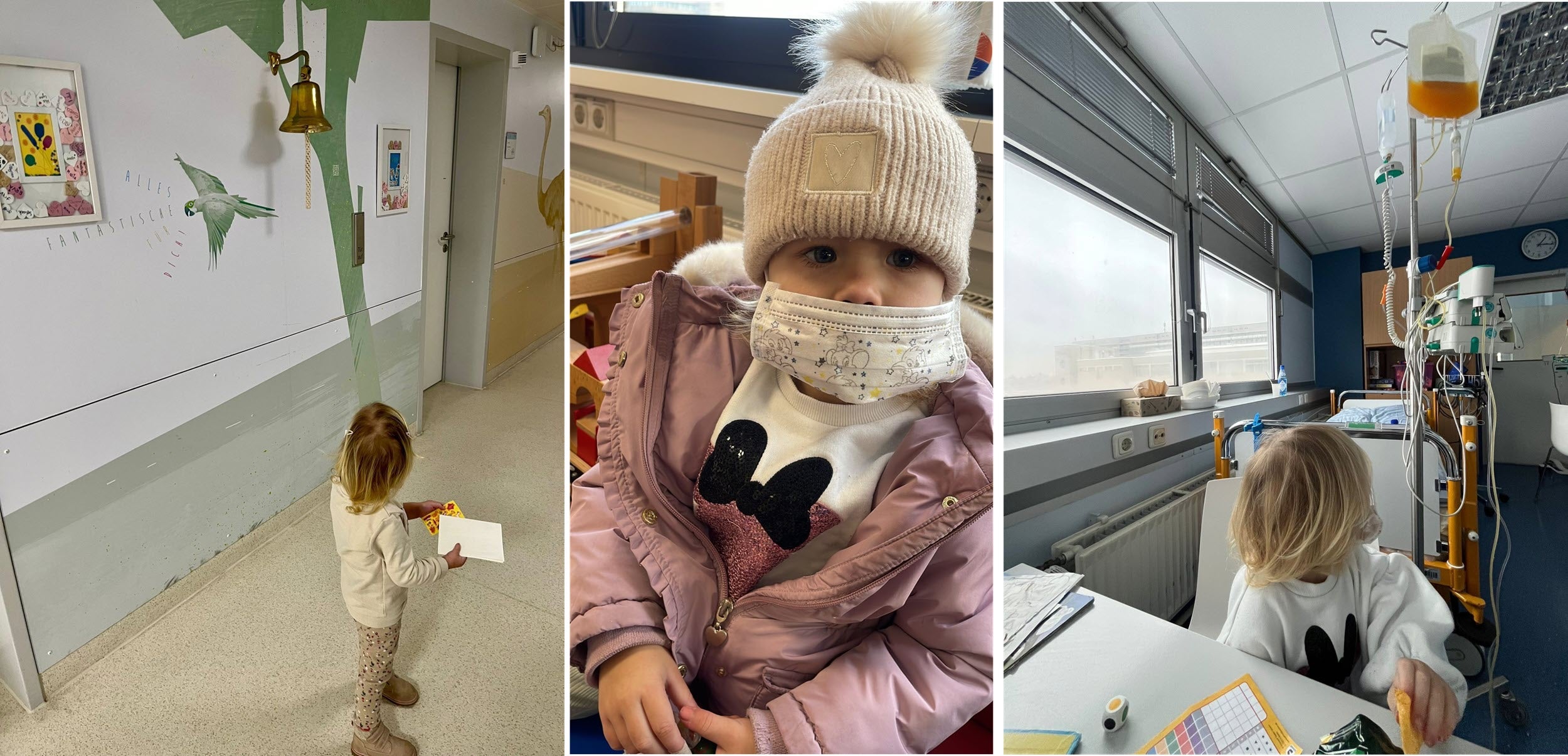 Eine Collage bestehend aus drei Bildern. Bild 1: Ein kleines blondes Mädchen steht in einem Flur uns schaut auf eine Wand. In der Hand hält sie einen Zettel. Bild 2: Das Mädchen trägt eine rosa Winterjacke, eine beige Mütze und eine Maske im Gesicht. Bild 3: Dasselbe Mädchen sitzt auf einem Stuhl in einem Krankenhauszimmer. Vor ihr auf dem Tisch liegt ein Spiel und sie schaut hinter sich. 