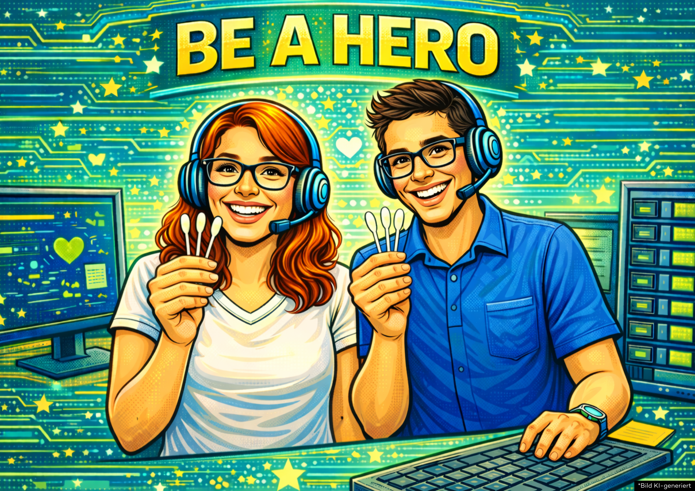 KI-generiertes Bild mit zwei Personen mit Kopfhörern, die drei Wattestäbchen hochhalten und lächeln