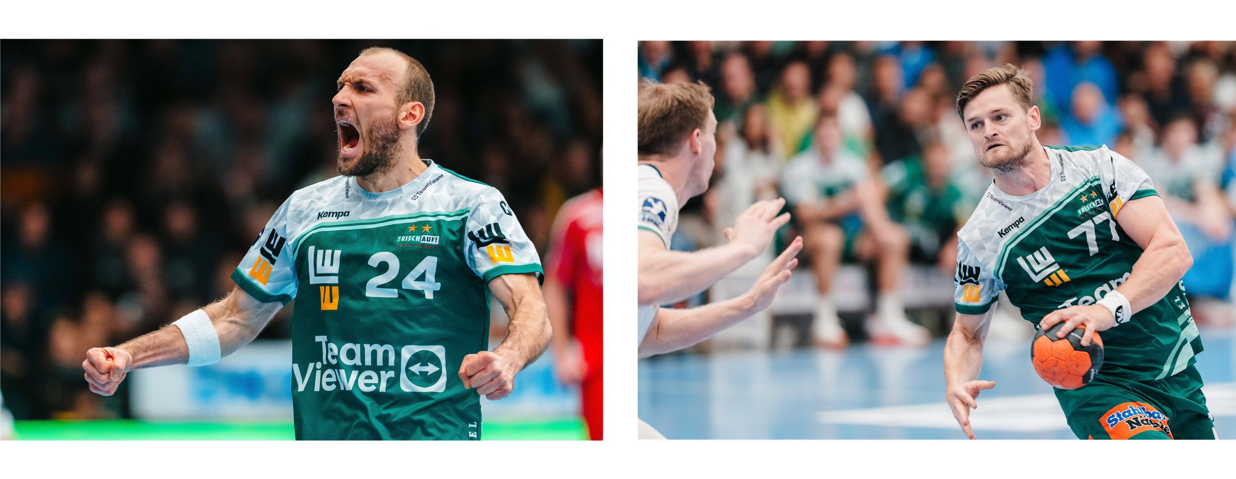 Eine Collage bestehend aus zwei Bildern. Links: Ein Spieler des FRISCH AUF! Göppingen beim Jubel. Rechts: Ein anderer Spieler des FRISCH AUF! Göppingen im Spiel.