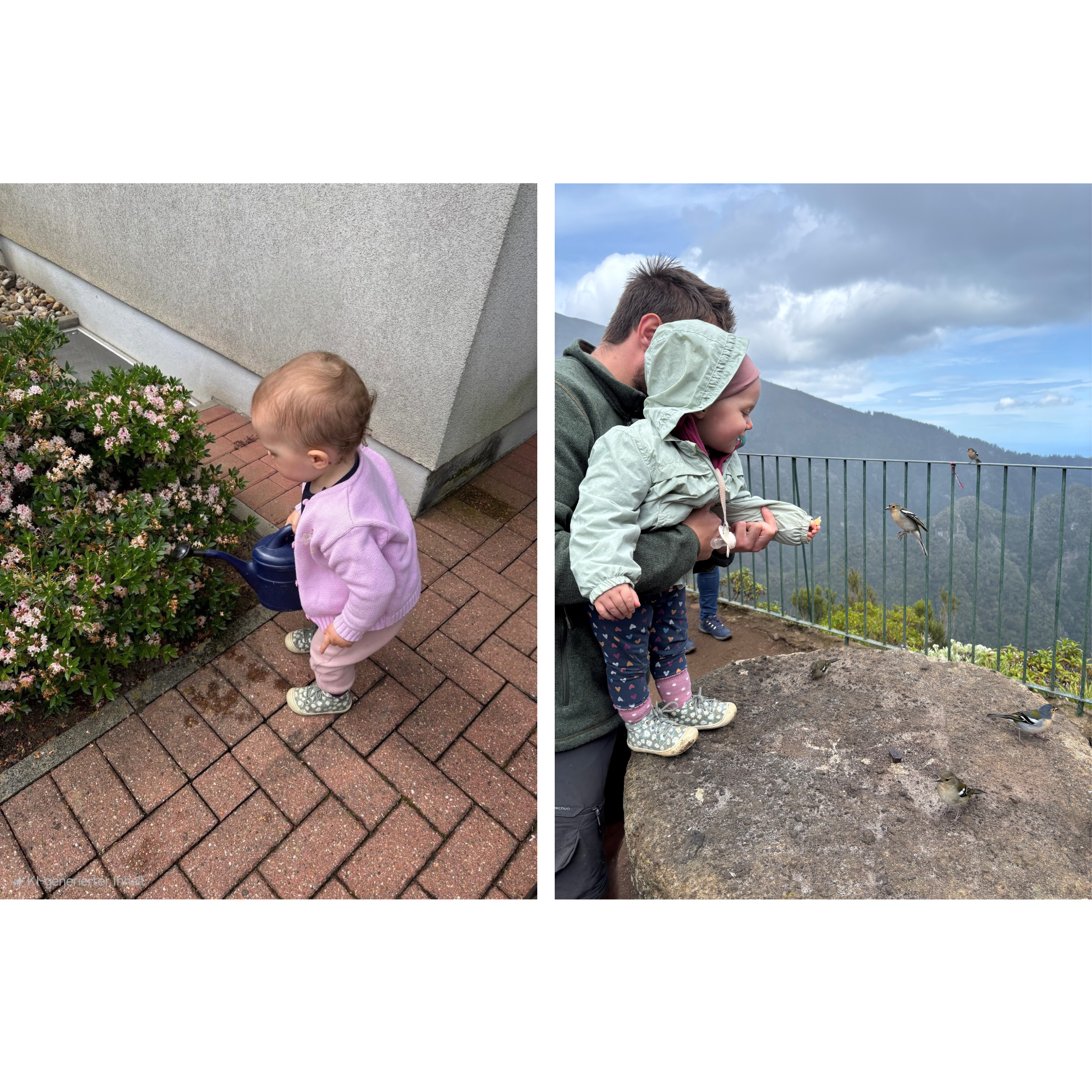 Links: Ein Kleinkind, welches mit einer blauen Gießkanne Blumen gießt. Rechts: Vater und Kind füttern einen Vogel an einem Aussichtspunkt. 