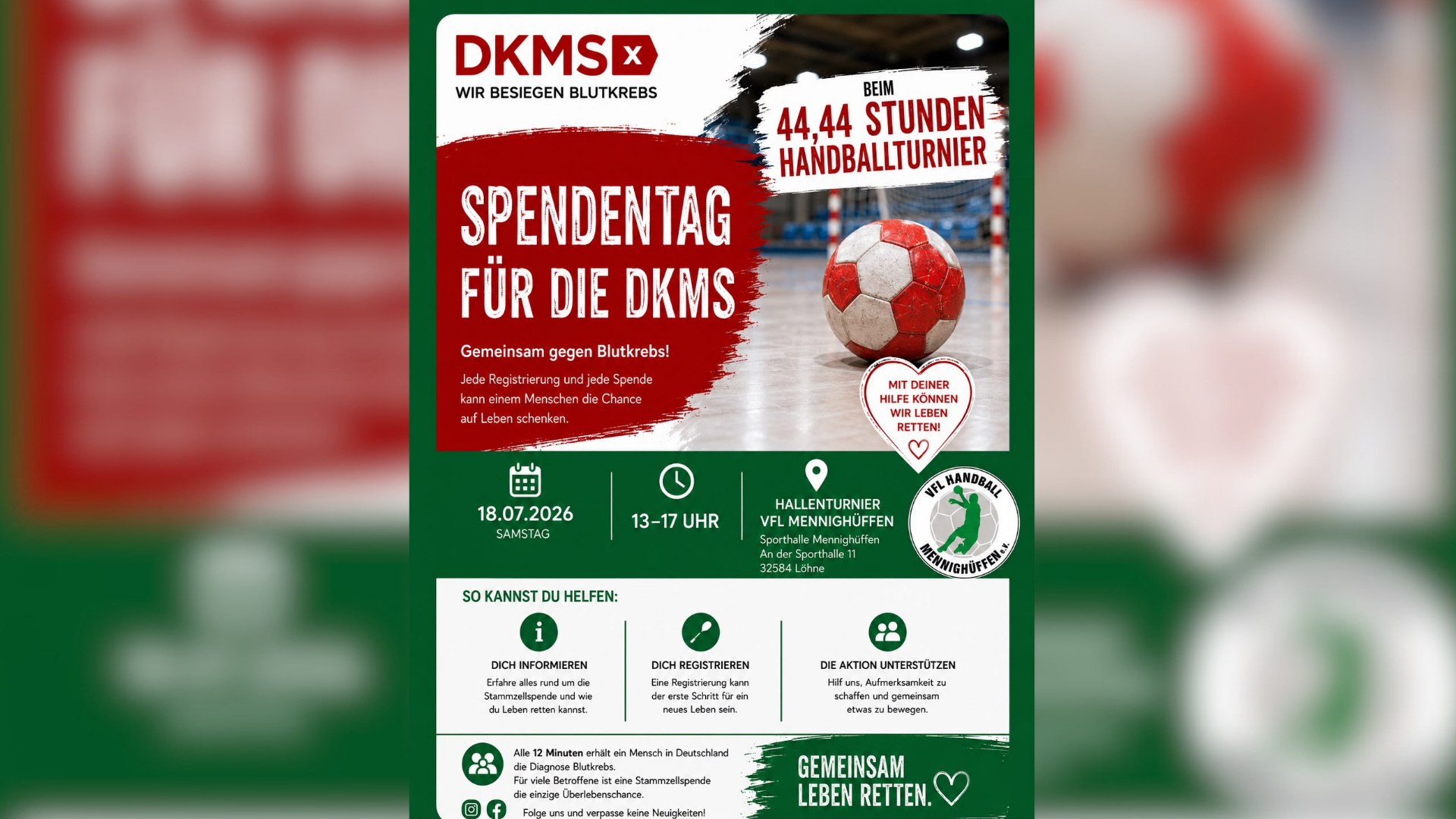 Plakat für das Hallenturnier des VFL Mennighüffen mit dem Aufruf zur Registrierung als Stammzellspenderin oder Stammzellspender. 