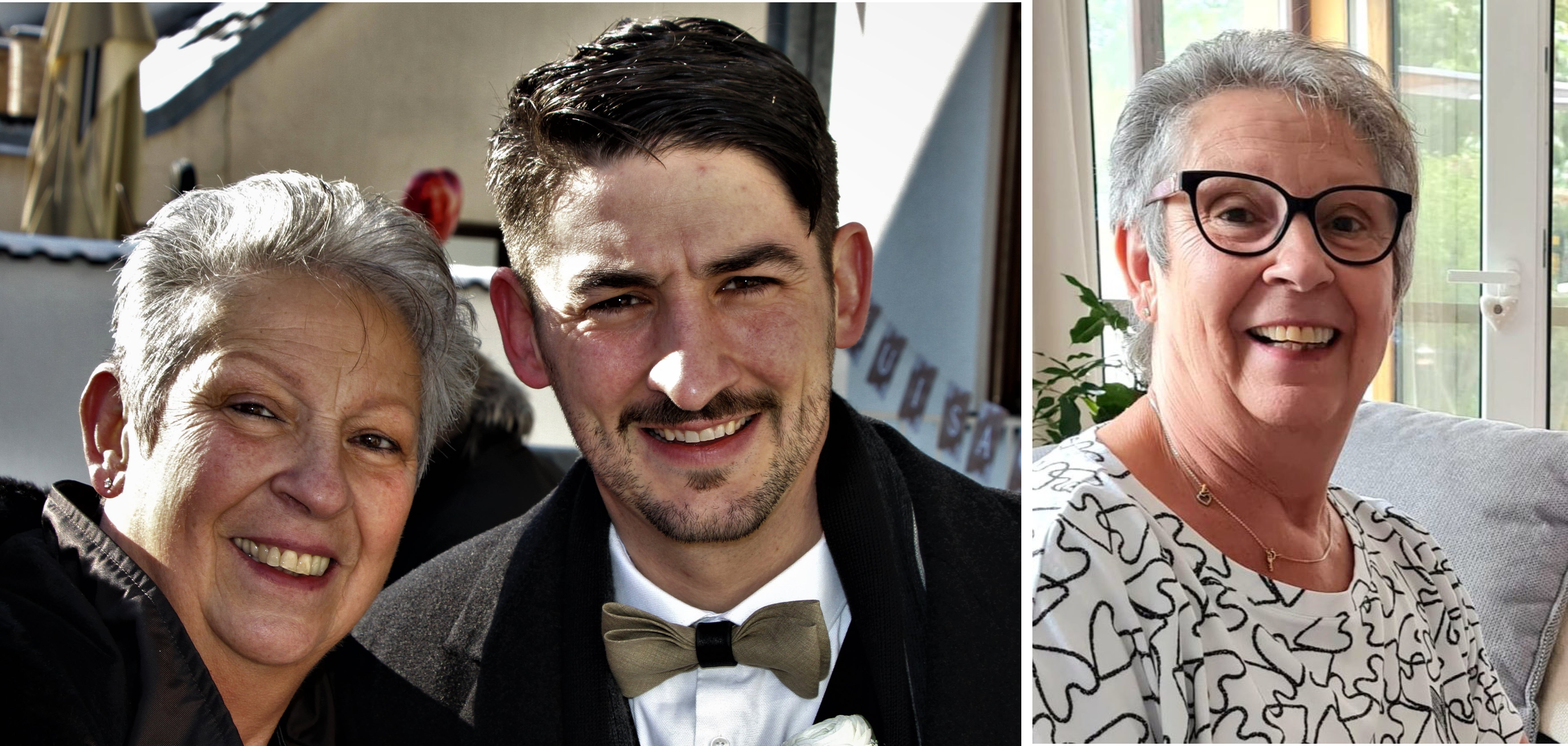 Collage bestehend aus zwei Fotos. Links Karin mit ihrem Sohn. Rechts Karin alleine am lächeln 