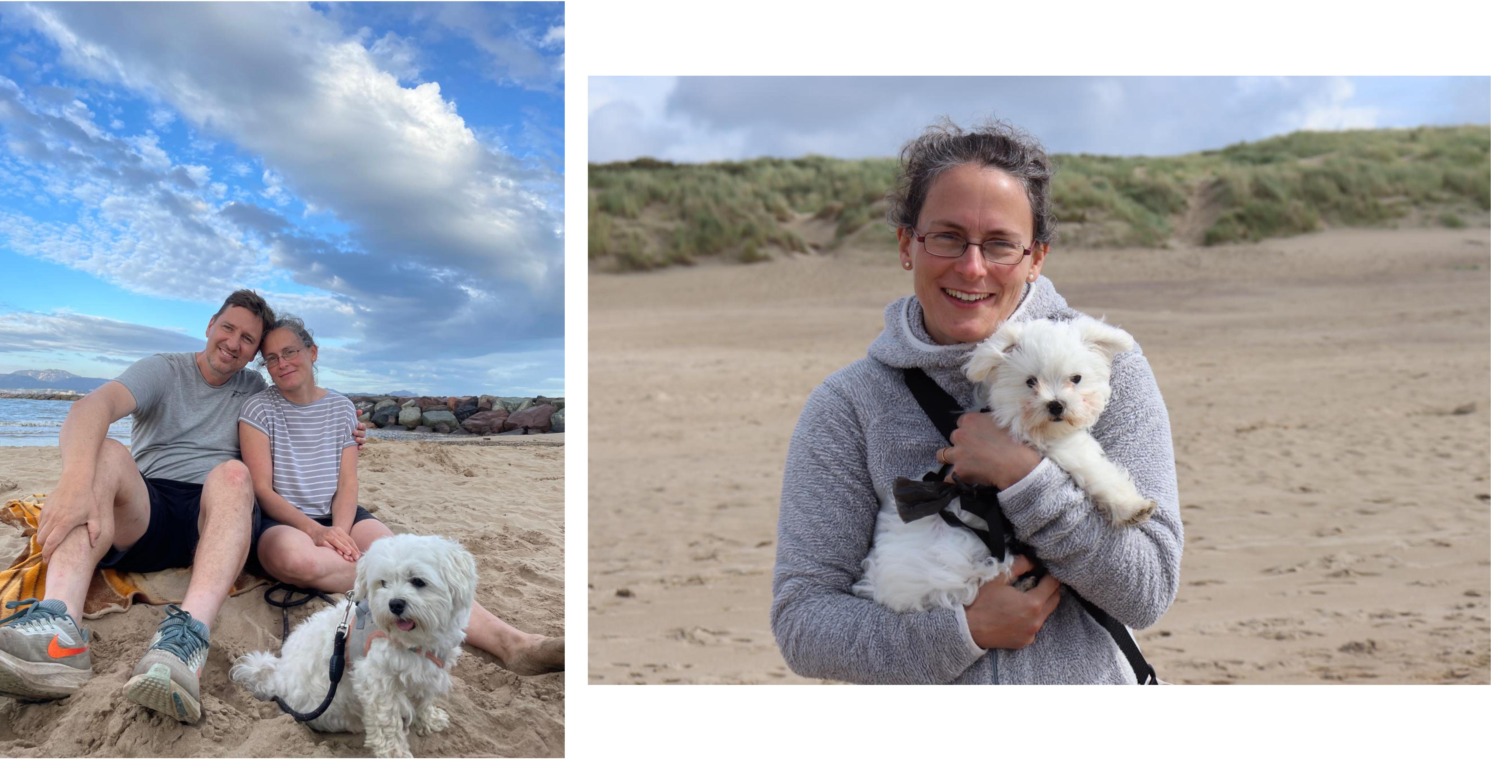 Zu sehen sind zwei Fotos von Bianca, ihrem Mann und ihrem Hund am Strand. 
