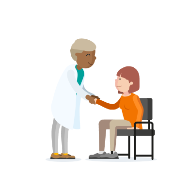 Ein gezeichneter Mann in einem weißen Kittel schüttelt einer Frau die Hand