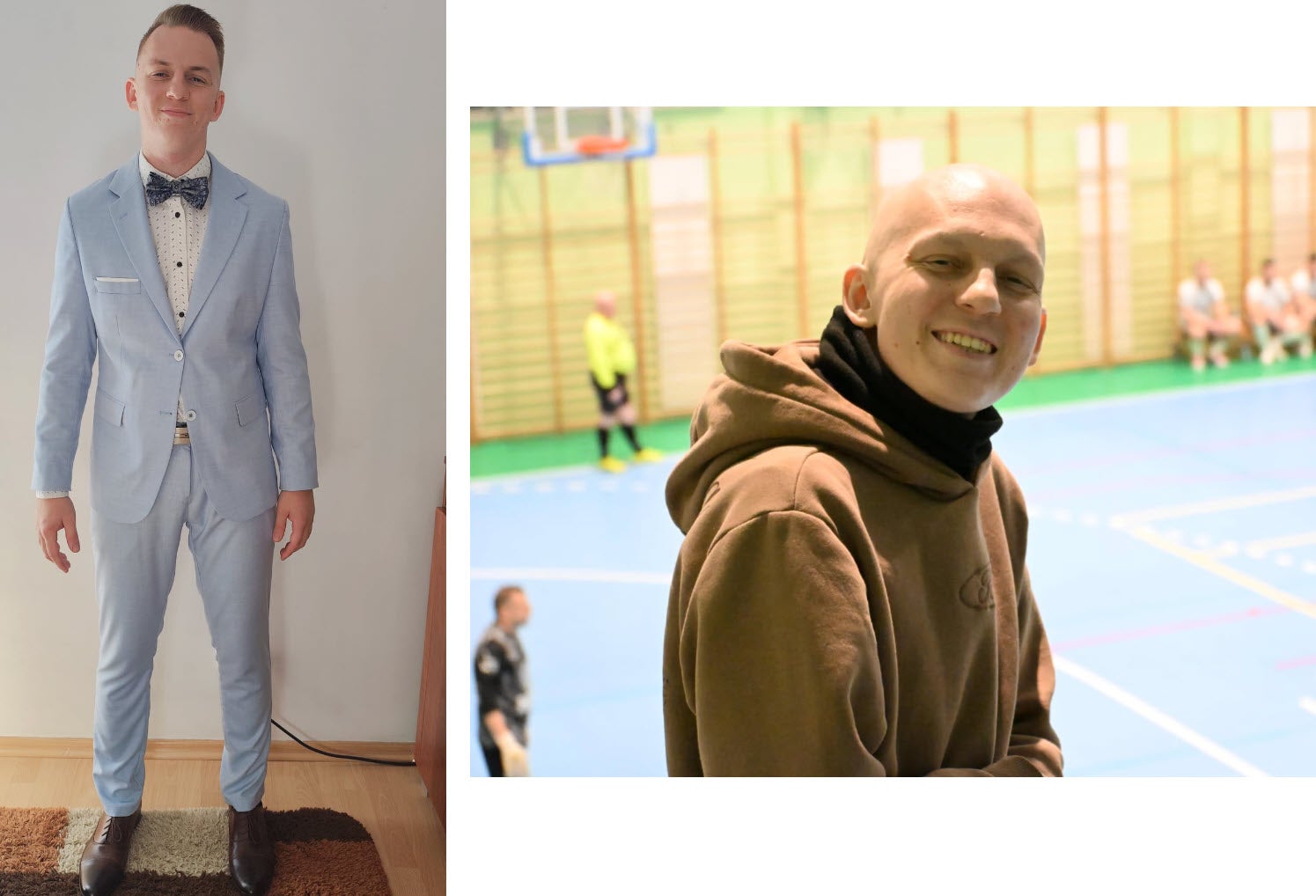 collage Patient Kacper links im Anzug und rechts bei einem Turnierspiel