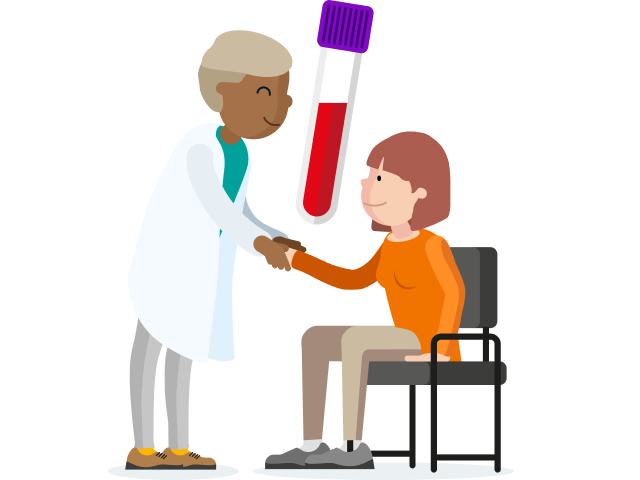 Ein gezeichneter Mann in einem weißen Kittel schüttelt einer Frau die Hand