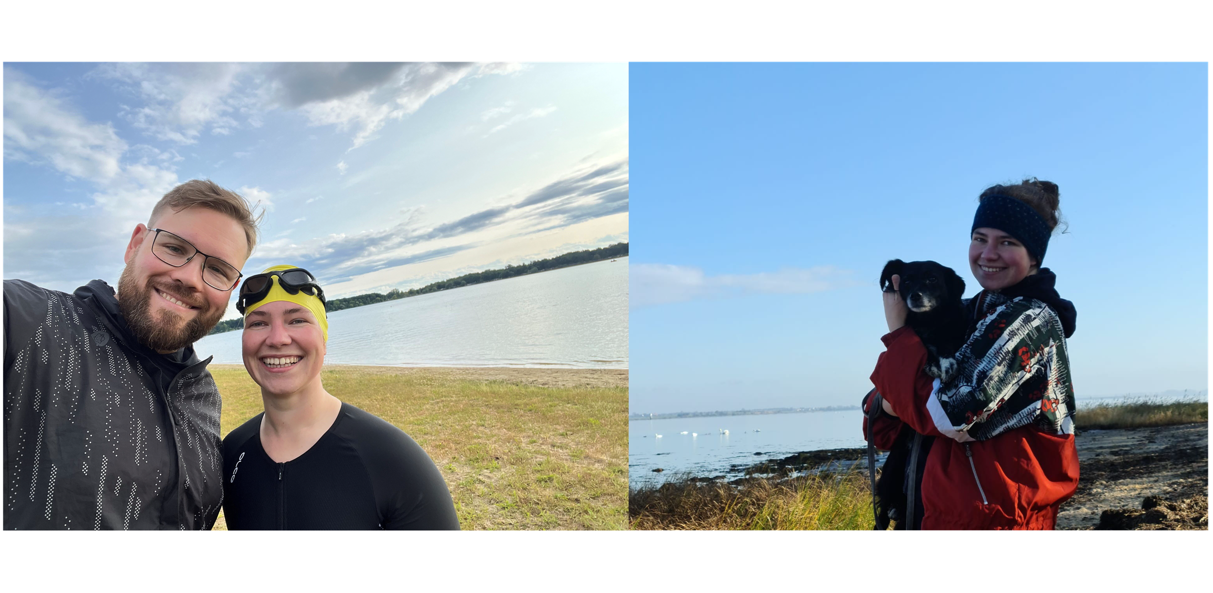 Eine Collage von zwei Bildern von Fabienne. Auf dem ersten Bild lächelt Fabienne mit einem Freund in die Kamera. Es ist schönes Wetter und Fabienne trägt einen Neoprenanzug und weitere Schwimmkleidung. Auf dem zweiten Bild sieht man Fabienne mit einem kleinen schwarzen Hund an einem See. 