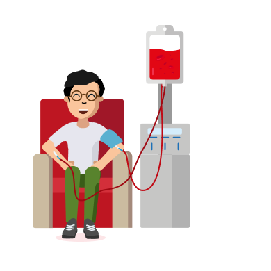 Eine Karikatur eines Mannes, der während einer Stammzellspende in einem Apherese-Stuhl sitzt