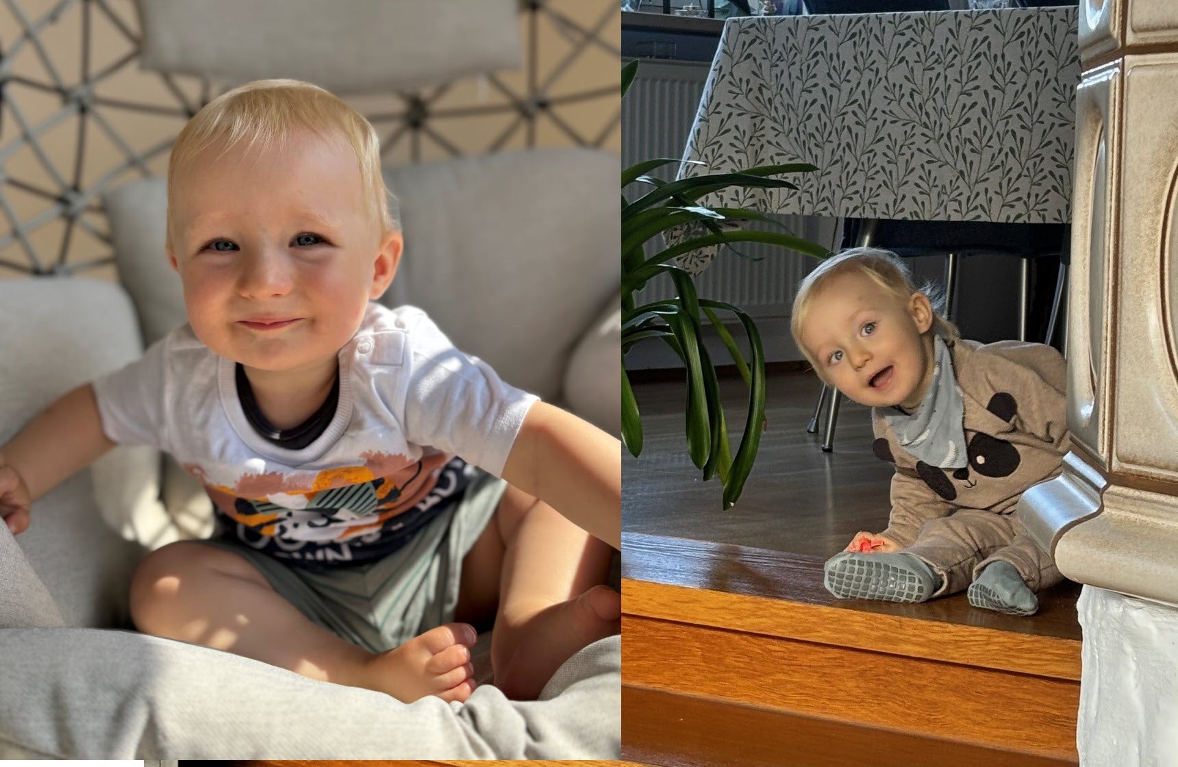 Links: Jonas sitzt auf einem Sofa Rechts: Jonas schaut in die Kamera