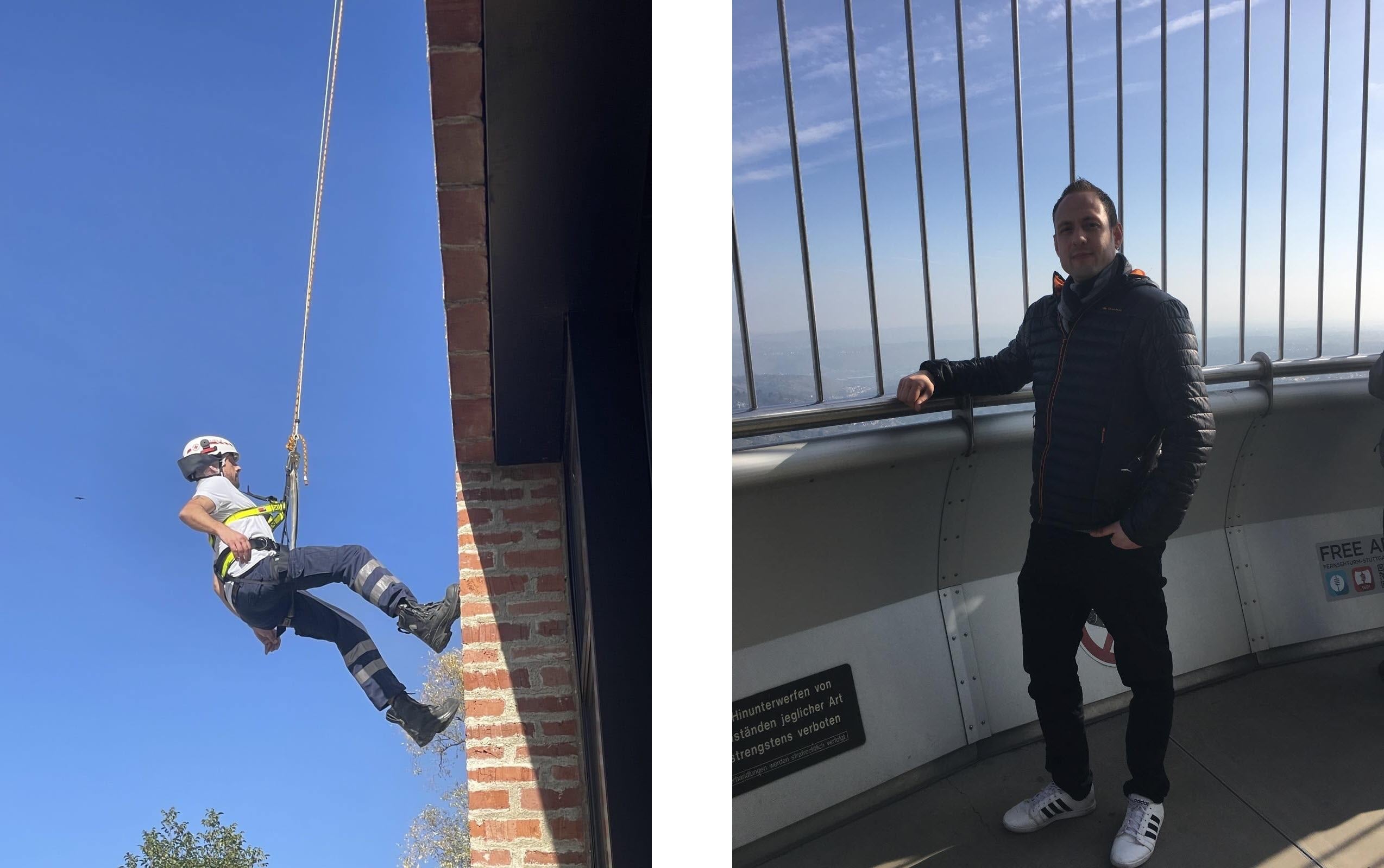 Collage bestehend aus 2 Bildern. Links: Dominik beim Klettern. Rechts: Dominik auf dem Fernsehturm. 