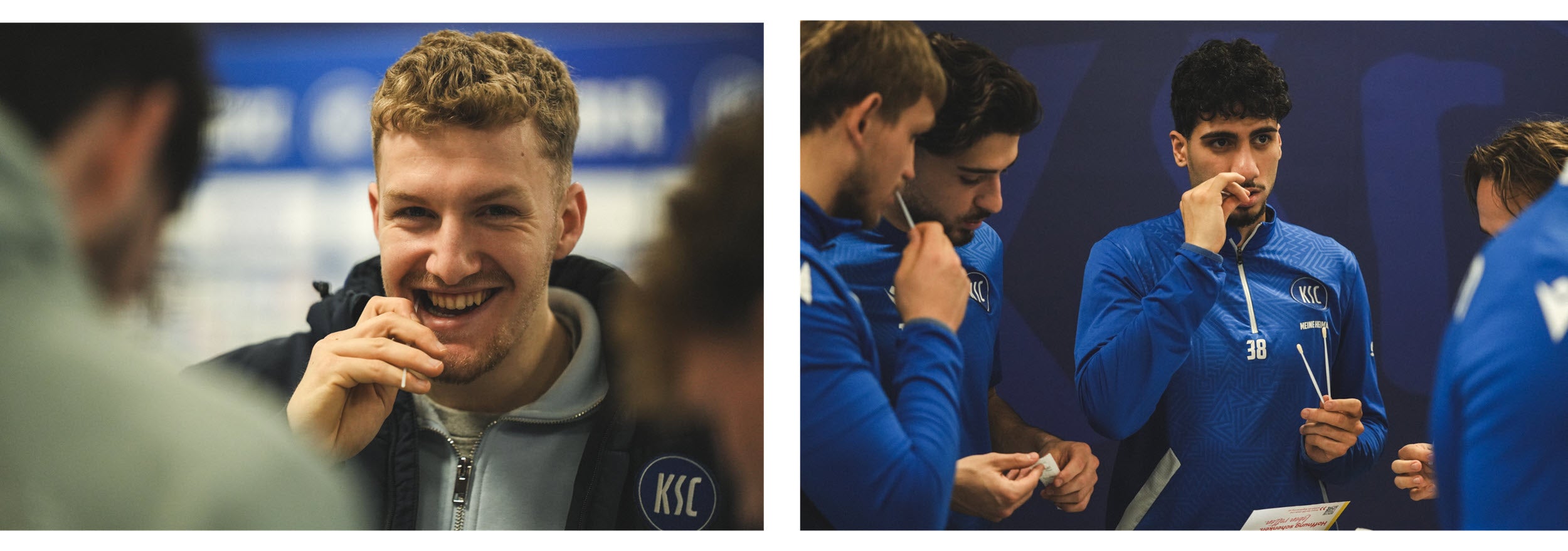 Eine Collage bestehend aus zwei Bildern. Auf beiden sind Spieler des KSC beim Wangenschleimhautabstrich zu sehen.