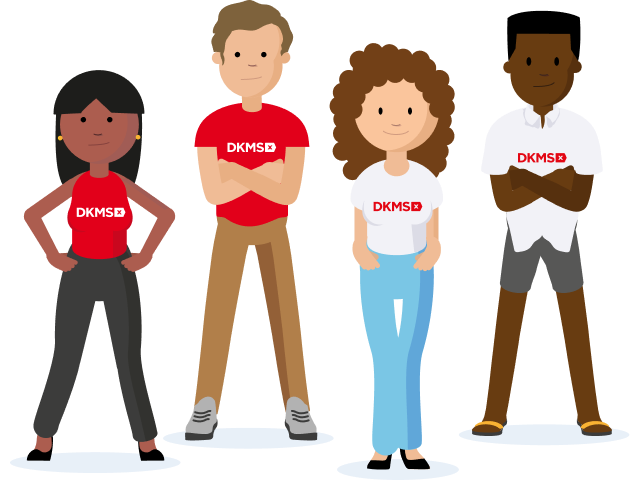 Illustration von 4 Menschen verschiedener Herkunft, alle tragen ein DKMS T-Shirt