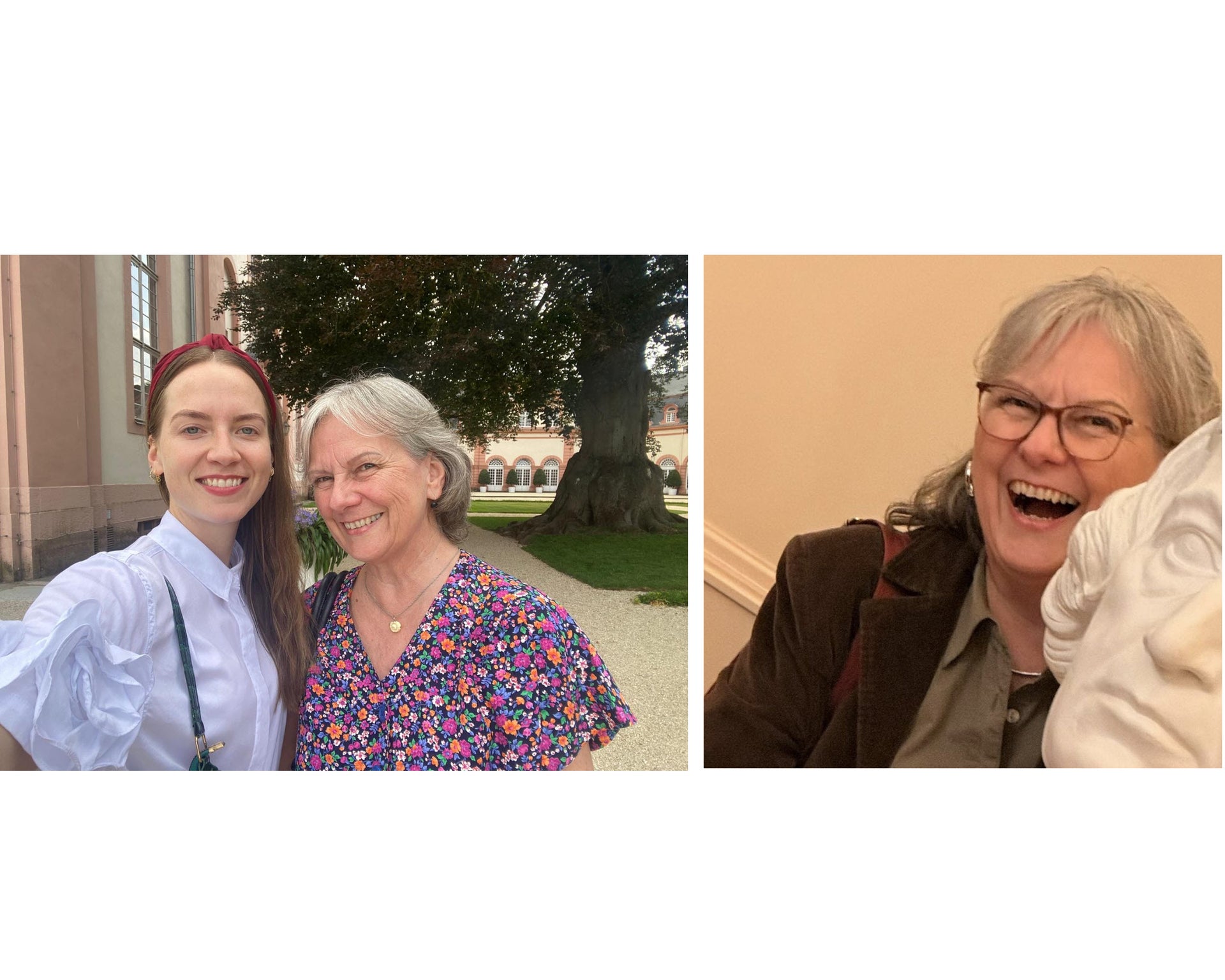 Links zeigt Annette mit ihrer Tochter und rechts Annette lachend neben einer Statue