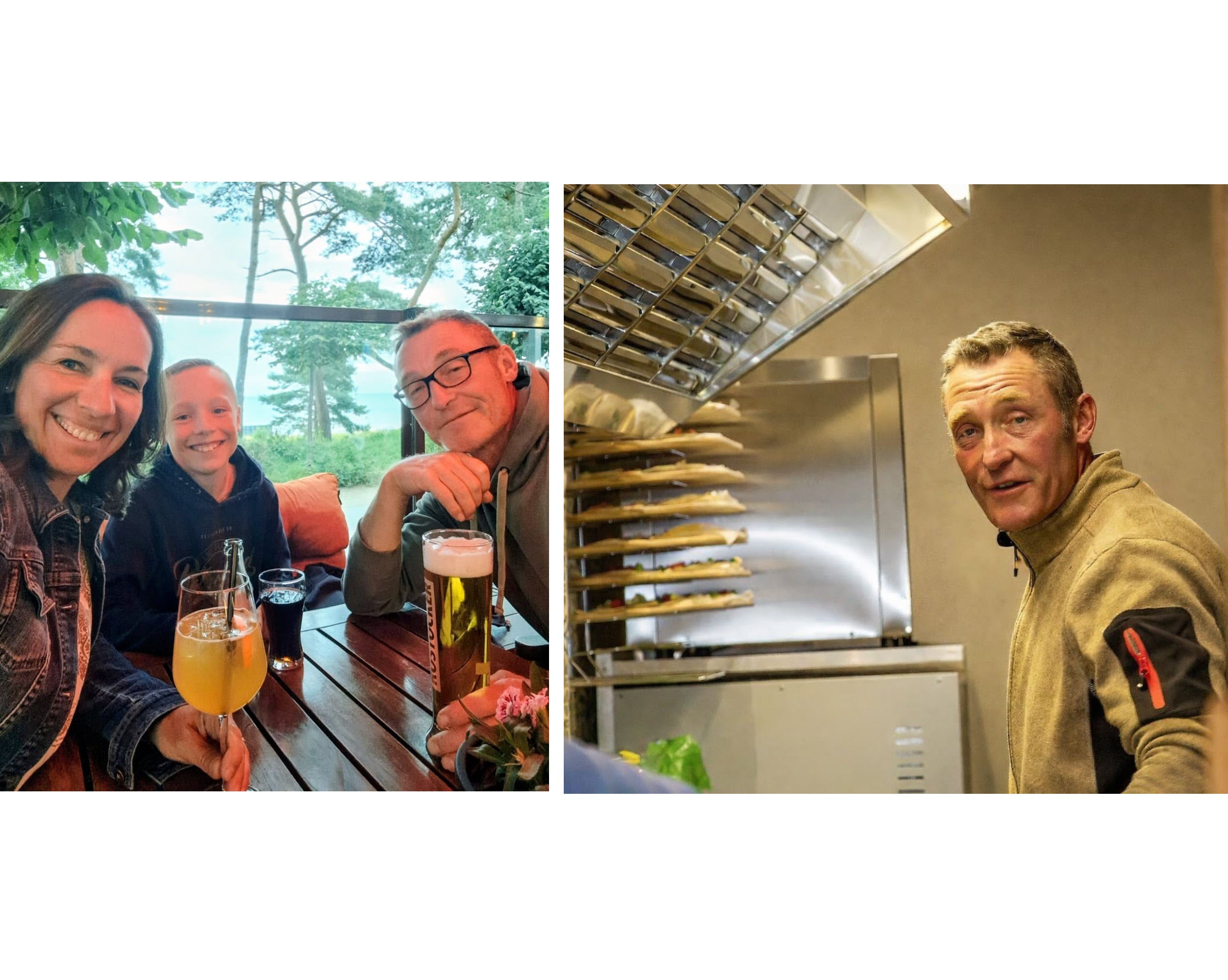 Eine Collage, links ist Michas Familie zusammen in einem Biergarten, rechts ist Micha auf der Arbeit im Imbiss zu sehen