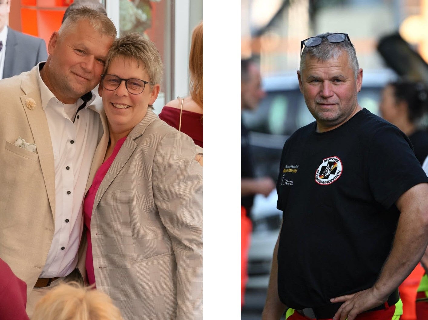 Patient Reiner links mit seiner Frau und rechts in Feuerwehrkleidung
