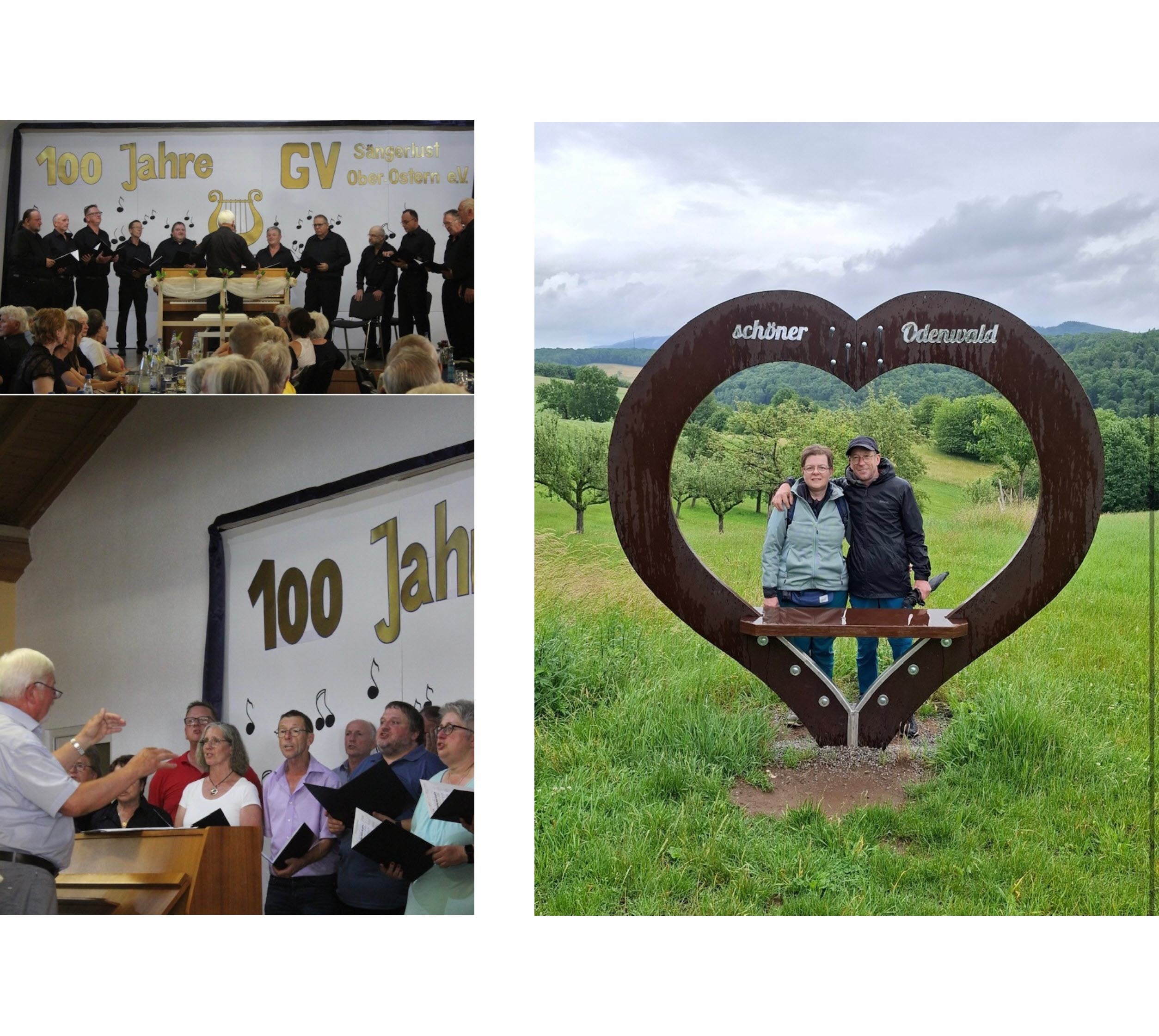 Links: Bernd bei einem Auftritt von seinem Chor. Rechts: Bernd mit seiner Frau bei einer Wanderung vor einer grünen Wiesen. 