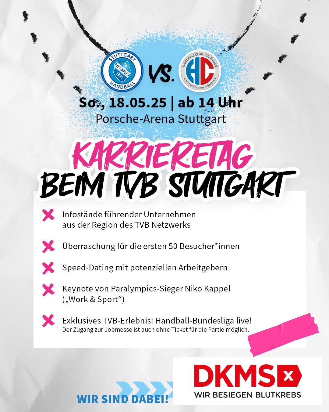 Ein Poster mit schwarzem und pinkem Text.