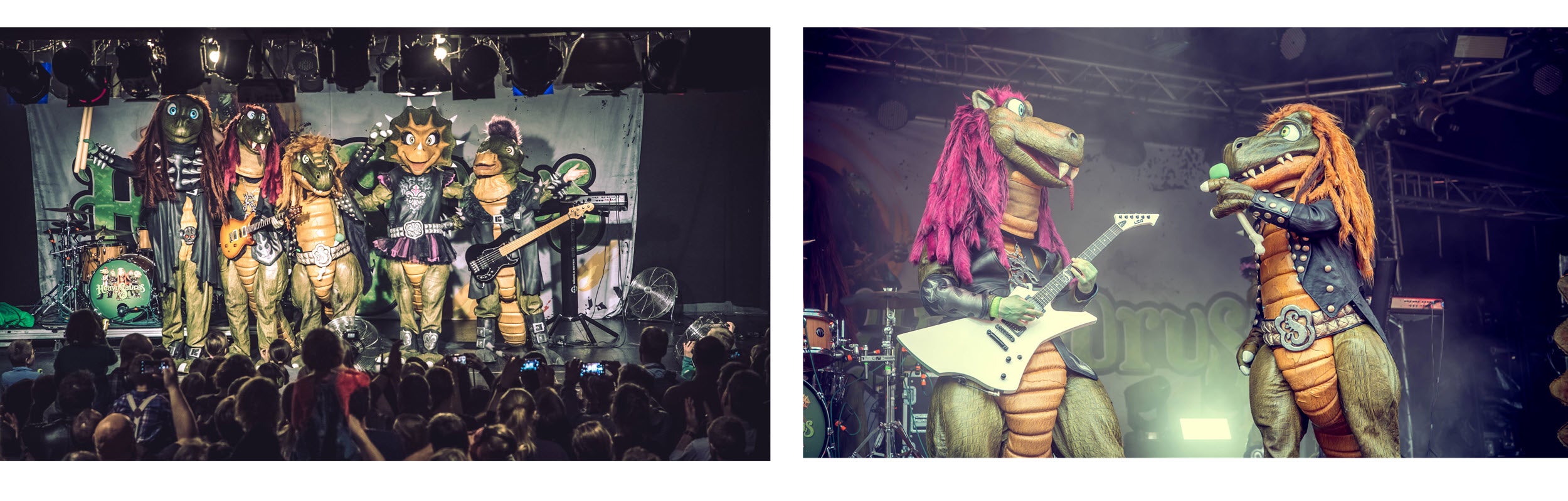 Eine Collage bestehend aus zwei Bildern. Links: Die Band Heavysaurus auf einer Bühne. Rechts: Zwei Bandmitglieder mit Instrumenten auf einer Bühne.