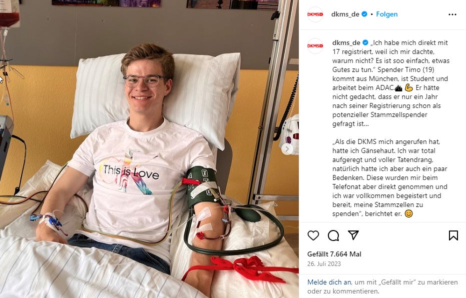 Screenshot von einem Instagrambeitrag: Ein Mann während seiner Stammzellspende