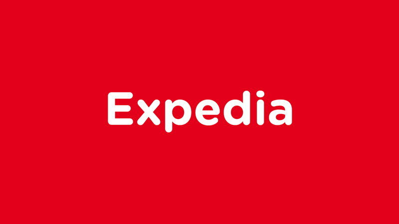 "Expedia" auf rotem Hintergrund