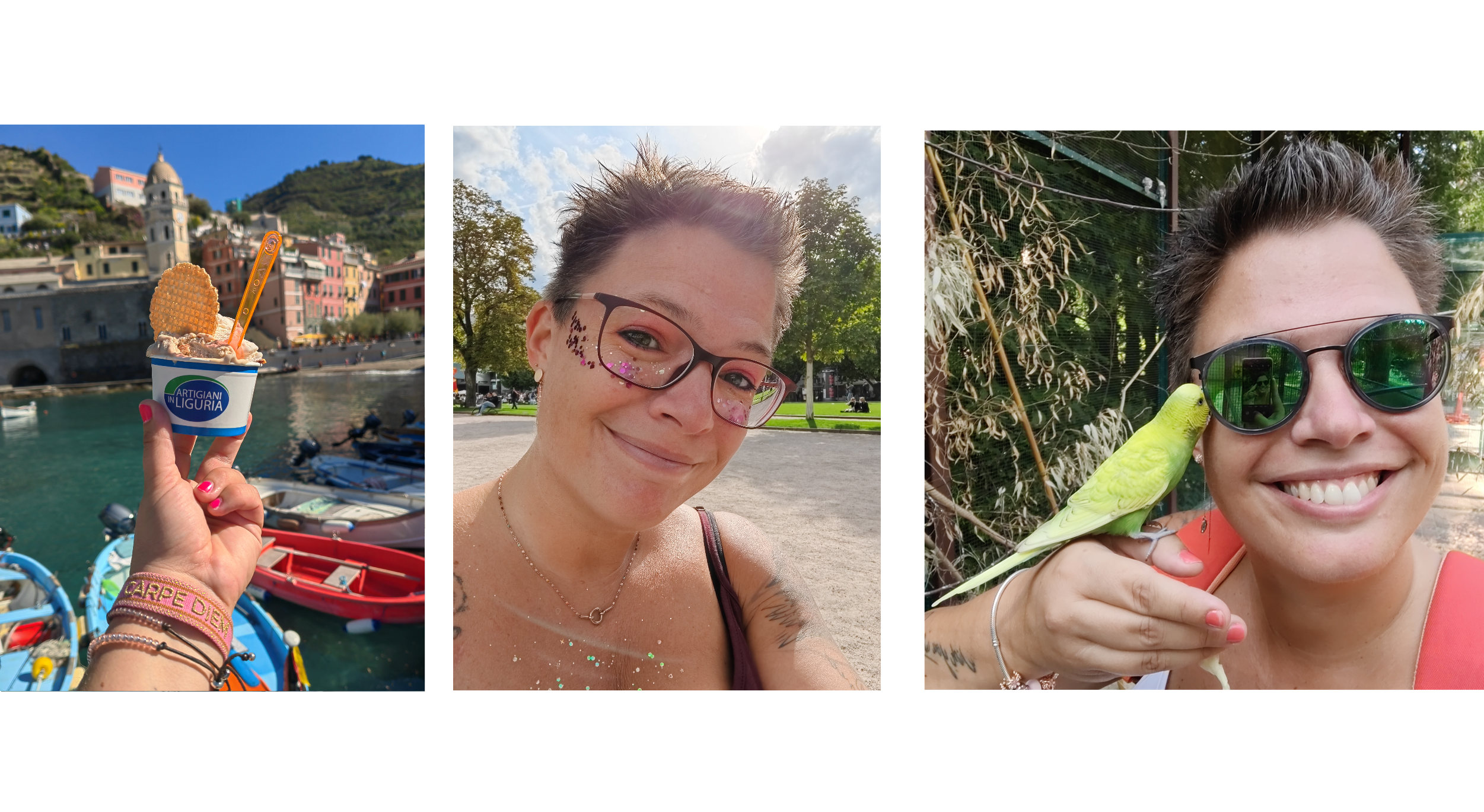 Eine Collage, die folgende Fotos zeigt: ein Eis, Patientin Bianca mit Glitzer im Gesicht und Patientin Bianca mit einem Vogel auf der Hand 