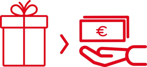Rote Ikonen eines Geschenk, dazwischen eine eckige Klammer die sich in Richtung des Geschenks öffnet und rechts eine Hand, die Geld hält