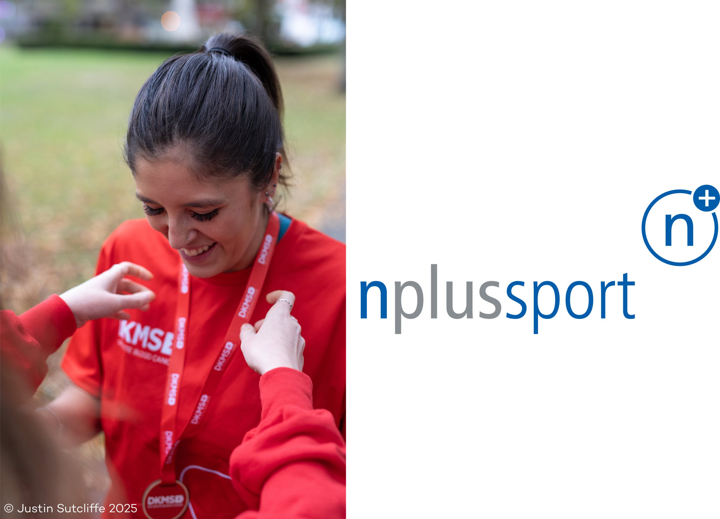 Collage aus zwei Bildern. Links: Eine lächelnde Frau bekommt eine Medaille. Rechts: das Logo der n plus sport GmbH 