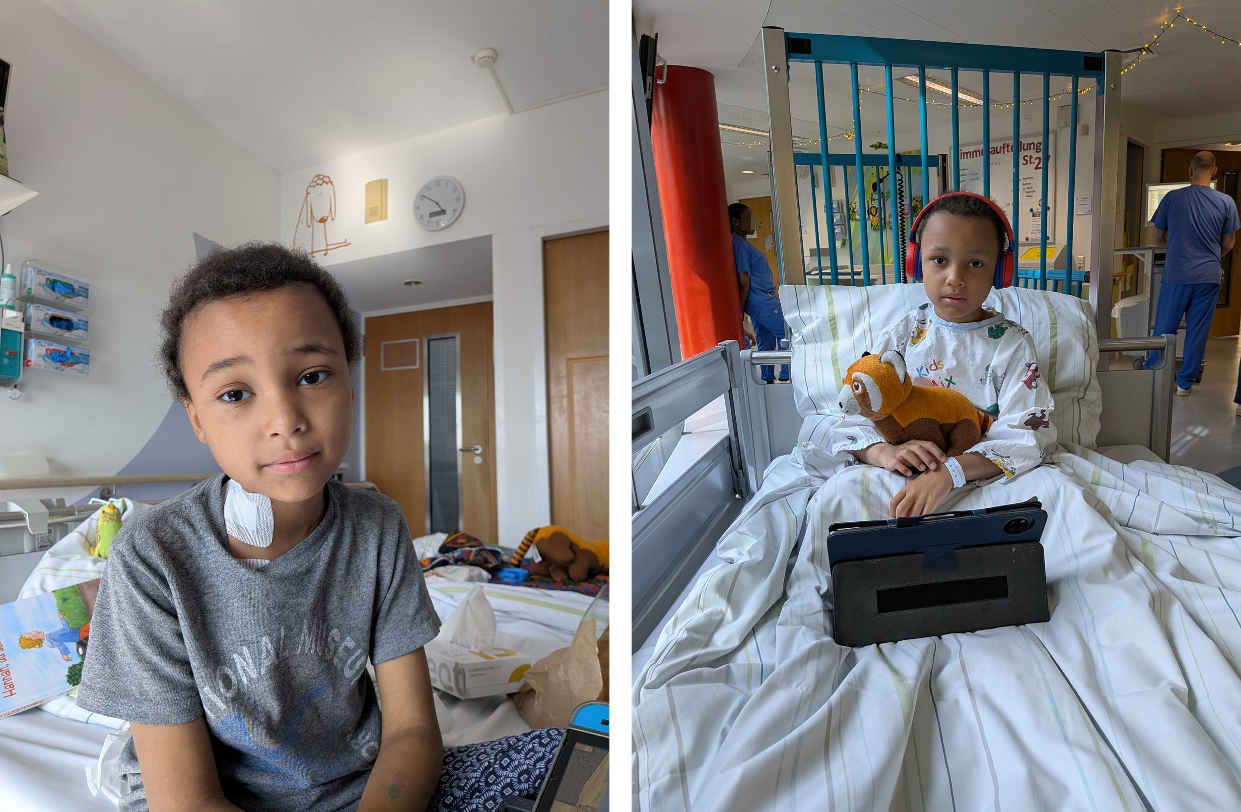 Eine Collage aus zwei Bildern. Auf beiden sitzt ein kleiner Junge in einem Krankhausbett.