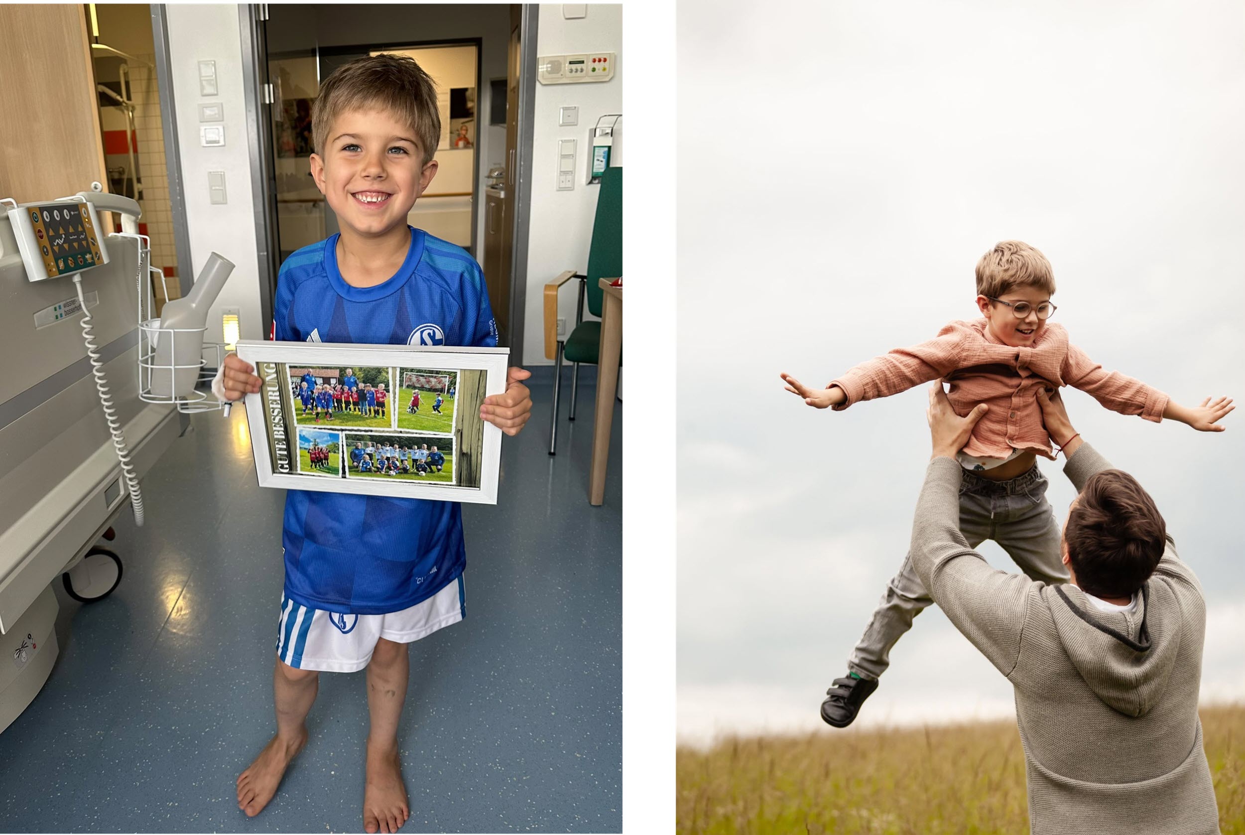 Eine Collage bestehend aus zwei Bildern. Links lächelt Milan in die Kamera und hält einen Bilderrahmen in den Händen. Rechts wird Milan von einem Angehörigen in die Luft geworfen und lächelt.