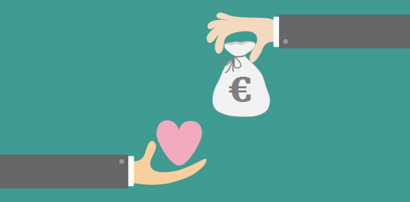 Ein Cartoonbild. Eine Hand hält einen Beutel mit Geld. Eine darunter liegende Hand hält ein rosa Herz.